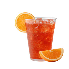 Brightly colored beverage served in a clear cup, garnished with orange slices, ideal for summer refreshment or social gatherings.