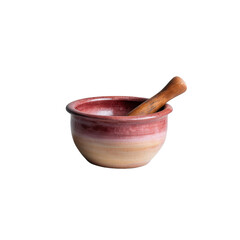 Ceramic mortar and pestle set with a wooden handle, perfect for grinding spices and herbs, isolated on a white background.