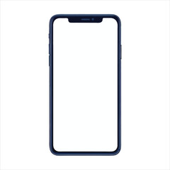 Modern smartphone with a dark blue frame and a blank white screen is displayed against a plain white background