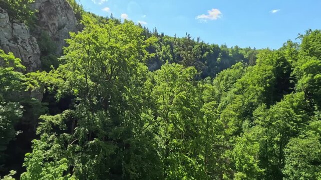 Scenic view from a funicular ascending to the dramatic Macocha Gorge near Brno, a popular natural attraction in Czechia.