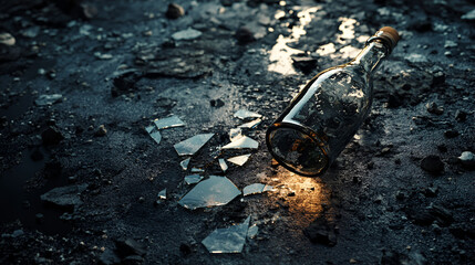 A broken glass bottle lies amid shards on a dark textured ground