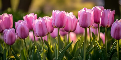 Bright pink tulips blooming in a sunlit meadow, capturing the essence of spring s floral beauty.