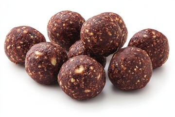 Vegan energy balls made with dates, cacao, and nuts arranged in pyramid shape on white background