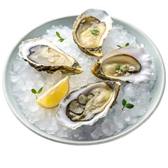 Plate of Fresh Oysters on Ice Isolated on Clean White Background