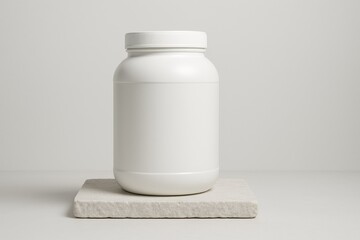 Modern White Protein Powder Jar on Stone Platform