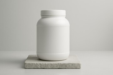 Modern White Protein Powder Jar on Stone Platform