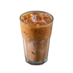 Cold iced coffee served in a glass filled with ice cubes, showcasing a rich, creamy texture ideal for refreshment.