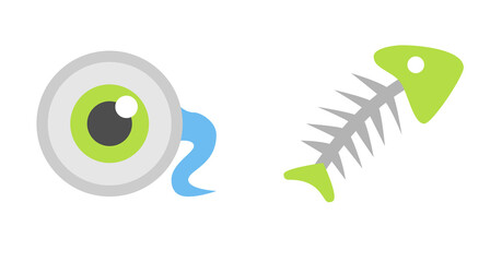 Cartoon eyeball and fish skeleton: playful, minimalist vector illustration.