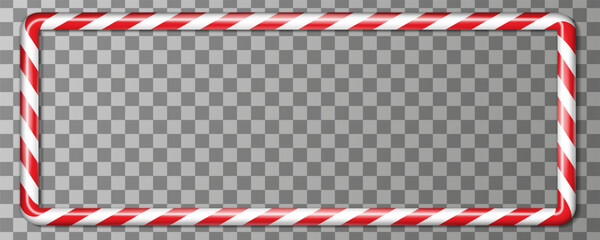 Christmas candy cane horizontal rectangle frame. Holiday border with red striped. Xmas frame with striped candy lollipop pattern. Christmas and new year vector template