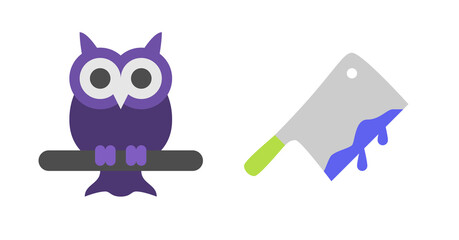 Purple Owl Perched on Branch Beside a Bloody Cleaver, Flat Design Illustration