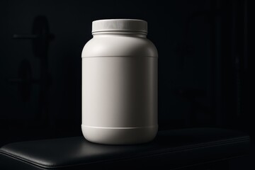 Sleek White Protein Powder Jar on Dark Gym Bench