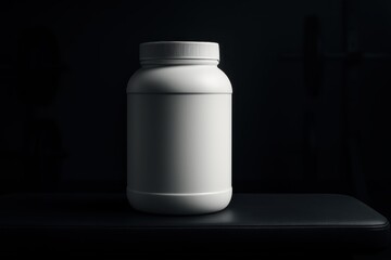 Sleek White Protein Powder Jar on Dark Gym Bench