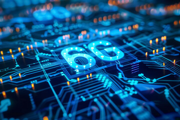 6G chip showcasing advanced technology and intricate circuitry. vibrant lights and patterns highlight innovation in telecommunications. Generative AI. 