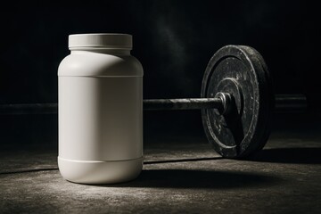 Powerful White Protein Powder Container with Barbell in Gym Setting