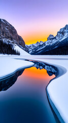 A breathtaking landscape photograph showing the majestic beauty of two towering mountains on either side, with the sun rising between them, spilling bright colors across the sky. Bright shades of oran