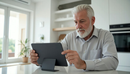 Obraz premium A white man in his 70s sitting in a bright modern kitchen, reading from a tablet. Longlife education concept. Online services for seniors concept.