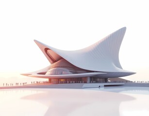 Illustration of a futuristic modern office building model on a white background. Generate AI