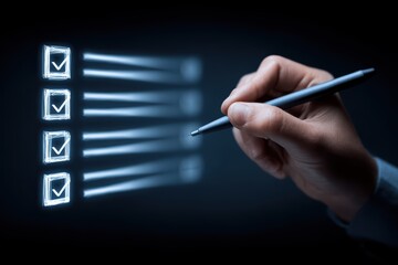 Professional hand using pen to check glowing checklist marks on digital document, symbolizing task completion in administrative workflows.