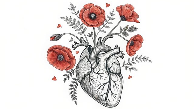 Anatomical Heart with Blooming Poppies &ndash; Surreal Floral Tattoo Art

