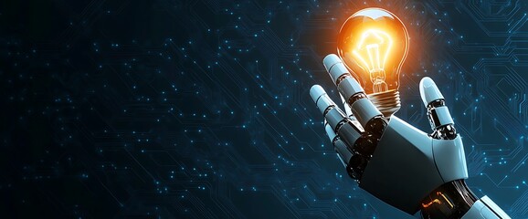 A I robot hand holding a glowing light bulb against a dark blue circuit board background artificial intelligence