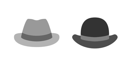 Simple grayscale illustration of a fedora and bowler hat.