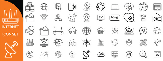 Internet icon set. Outline icons pack. Network related icon set. Contain linear sign network, web, communication, server, connect, connection, computer and more