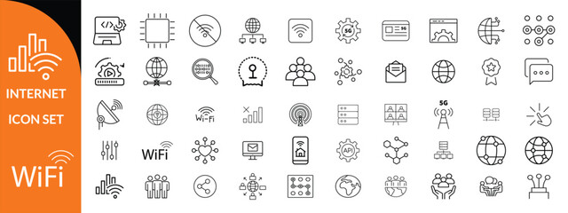 Internet icon set. Outline icons pack. Network related icon set. Contain linear sign network, web, communication, server, connect, connection, computer and more