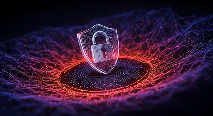 Digital security concept featuring a glowing shield with a padlock, set against an abstract, vibrant background.