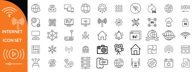 Internet icon set. Outline icons pack. Network related icon set. Contain linear sign network, web, communication, server, connect, connection, computer and more