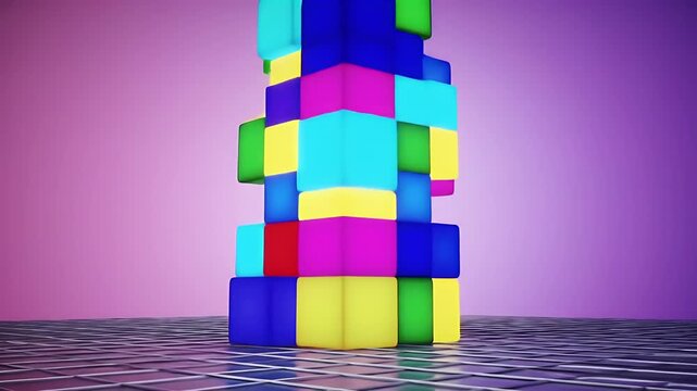 Vibrant 3D Cubes Stacking on Grid Abstract Background Loop