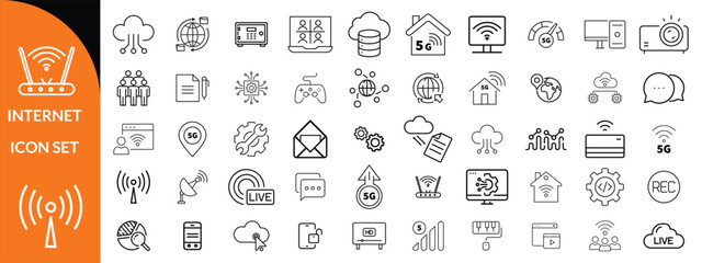 Internet icon set. Outline icons pack. Network related icon set. Contain linear sign network, web, communication, server, connect, connection, computer and more