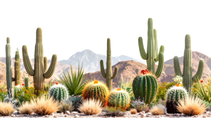 Desert cactuses with dry grass plants and mountains isolated on white background. Suitable for marketing or business purposes. Panoramic banner with place for text. PNG isolated on transparency backgr