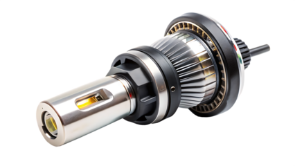 Silver and black L E D headlight bulb with cooling fins and yellow light element isolated on a transparent background
