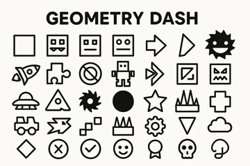 Fototapeta premium Geometry Dash Solid Icon Set: Gaming, Platformer, and Mobile Game Symbols