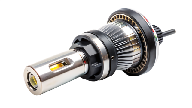 Silver and black L E D headlight bulb with cooling fins and yellow light element isolated on a transparent background