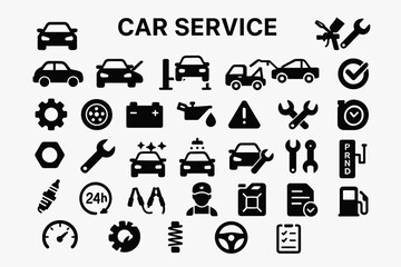 Car Service Solid Icon Set: Automotive, Repair, and Vehicle Maintenance Symbols