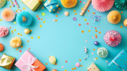 Fototapeta premium Flat lay of colorful birthday party decorations including balloons, confetti, candles, gift boxes, and party hats arranged on a vibrant pastel background