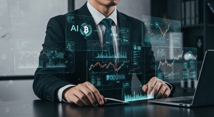 A suited businessman interacts with holographic financial charts, analyzing data and trends.