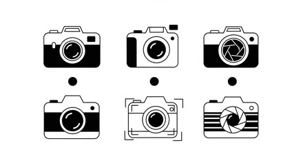Set of Minimal Camera Icon Vectors in Black and White Style
A collection of clean and modern black and white camera icons. Includes a variety of retro and digital camera shapes, lens symbols, viewfind