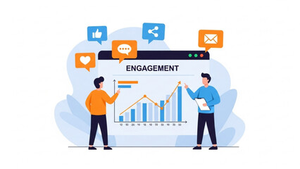 Two colleagues analyze a positive social media engagement graph showcasing growth and collaboration in a modern minimalist setting
