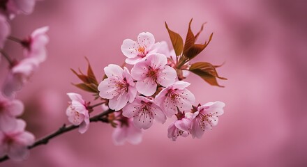 Fototapeta premium Close-up of delicate pink cherry blossoms blooming on a branch against a soft, blurred pink background, showcasing the beauty of springtime.