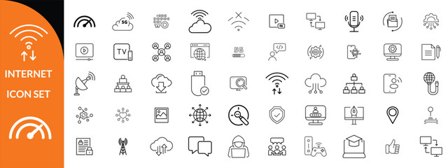 Internet icon set. Outline icons pack. Network related icon set. Contain linear sign network, web, communication, server, connect, connection, computer and more
