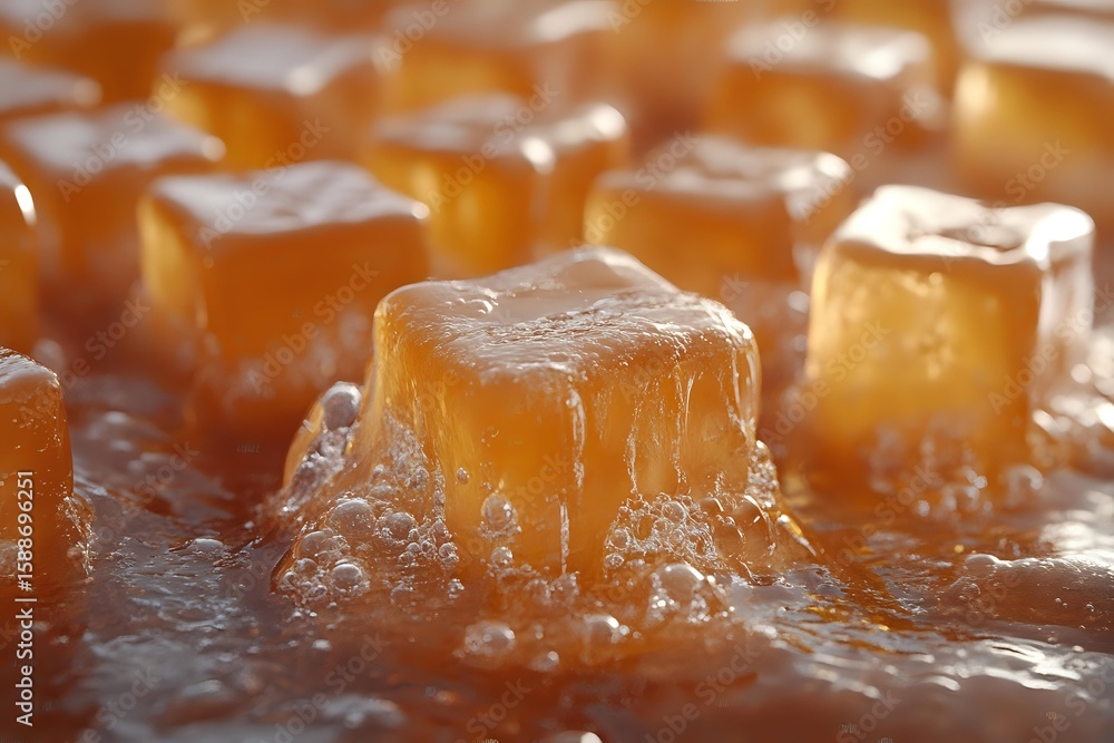 Aufkleber soft caramel candy cubes with melted drips arranged in rows on reflective surface, macro shot showin