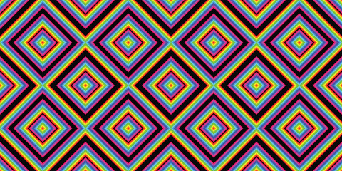 Vibrant Rainbow Colored Diamond Pattern on a Black Background. fabric pattern