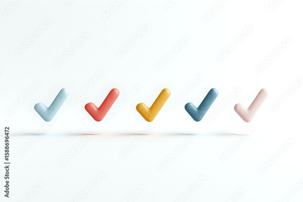 Poster colorful checkmark icons floating in minimalist style on white background, casting soft shadows. mod
