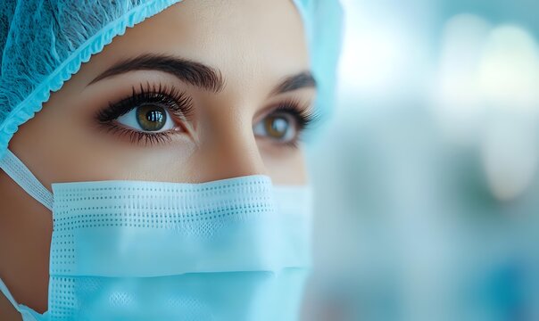Close up view of expressive eyes with long eyelashes and defined eyebrows above surgical mask, wearing medical cap in hospital environment. Healthcare concept. - Powered by Adobe