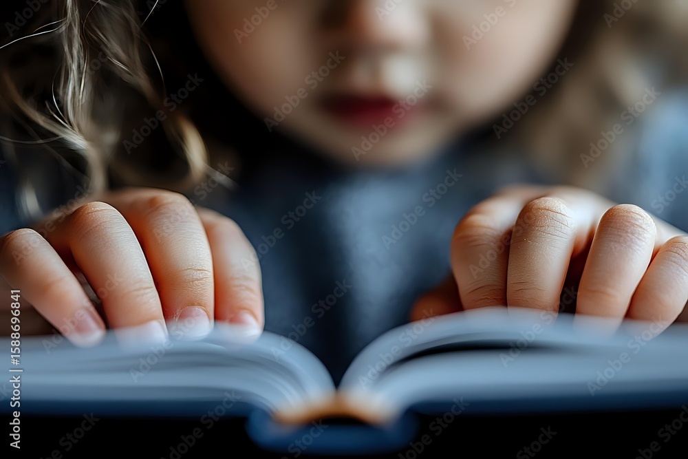 Poster close up view of small hands holding open book pages against blurred background, creating atmospheri