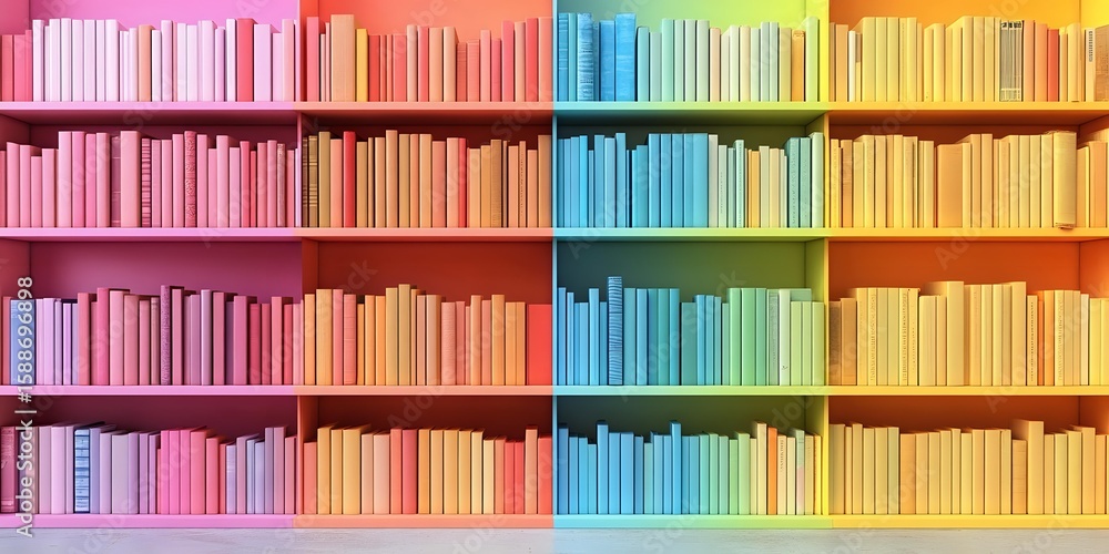 Poster colorful rainbow gradient bookshelf with books arranged by color from pink to yellow, creating vibra