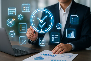 Businessman Using Digital Time Management Tools for Productivity and Planning