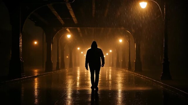 Mysterious figure walks alone under streetlights in rainy urban setting at night